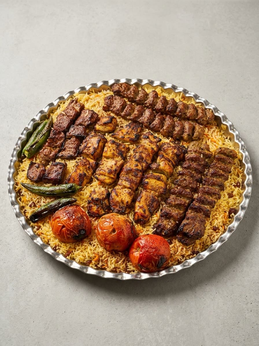 Family platter of rice with mixed skewers